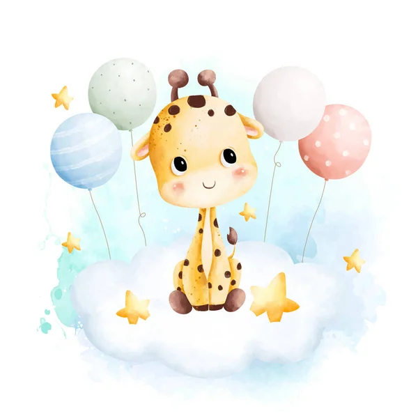 Акварельна Ілюстрація Мила Дитина Жираф Повітряні Кульки Сидять Хмарі — стоковий вектор