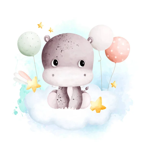 Atercolor Illustration Cute Baby Hippo Balloons Sitting Cloud — Stock Vector