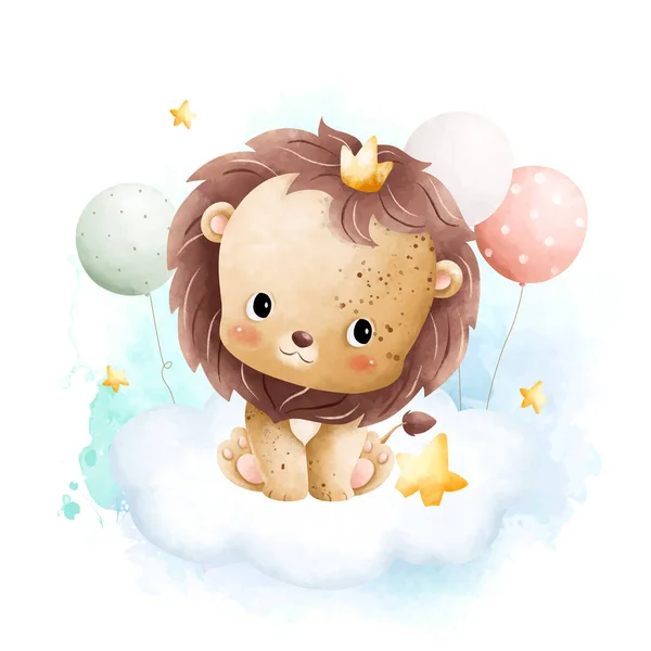 Aquarell Illustration Niedliche Löwenbaby Und Luftballons Sitzen Auf Der Wolke — Stockvektor