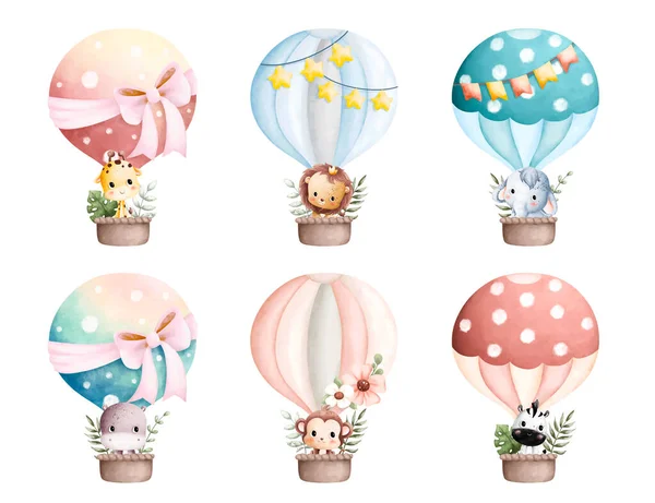 熱気球でかわいい赤ちゃん動物の水彩イラストセット — ストックベクタ