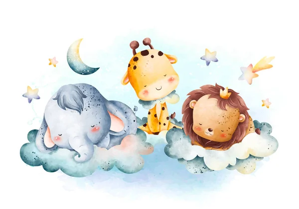 Ilustracja Akwarela Słodkie Zwierzątka Śpiące Chmurze Księżycem Gwiazdami — Wektor stockowy