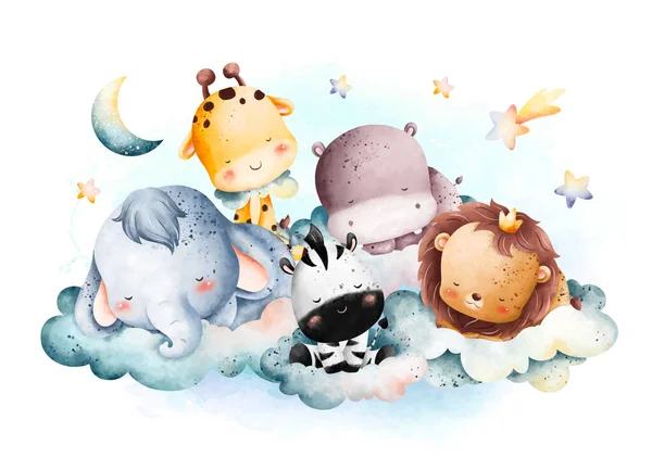 Aquarell Illustration Niedliche Babytiere Schlafen Auf Der Wolke Mit Mond — Stockvektor
