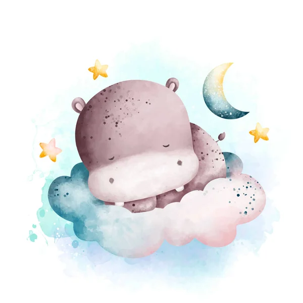 stock vector Watercolor illustration Cute baby Hippo sleeping on the cloud with moon and star