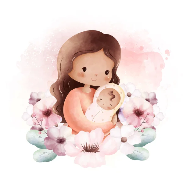 水彩画带着花朵的母亲和婴儿 — 图库矢量图片