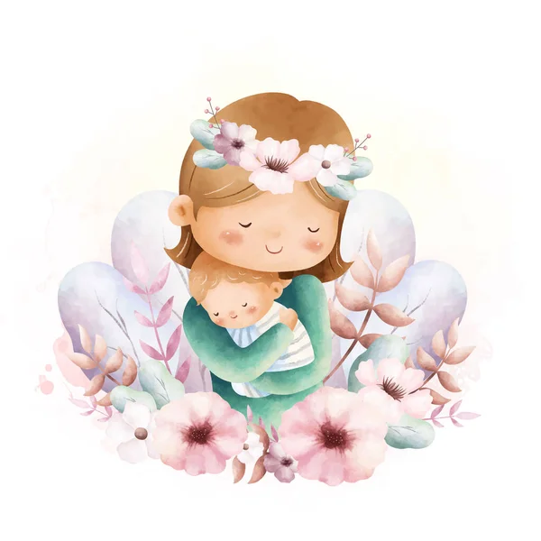 Illustration Aquarelle Mère Bébé Avec Couronne Fleurs — Image vectorielle