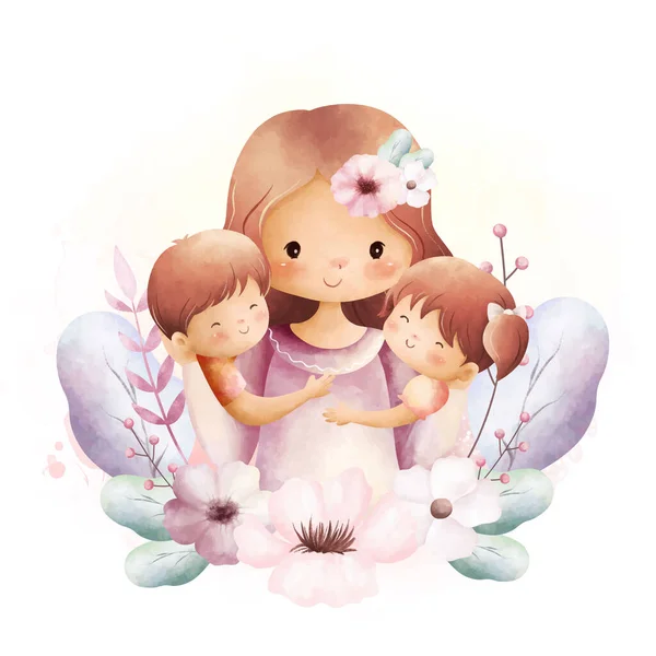 Aquarell Illustration Mutter Und Kinder Mit Blumenkranz — Stockvektor
