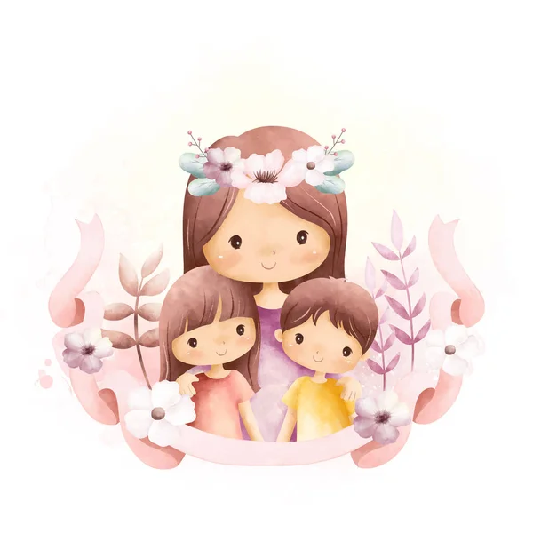 水彩画イラスト 花の花輪を持つ母と子供 — ストックベクタ