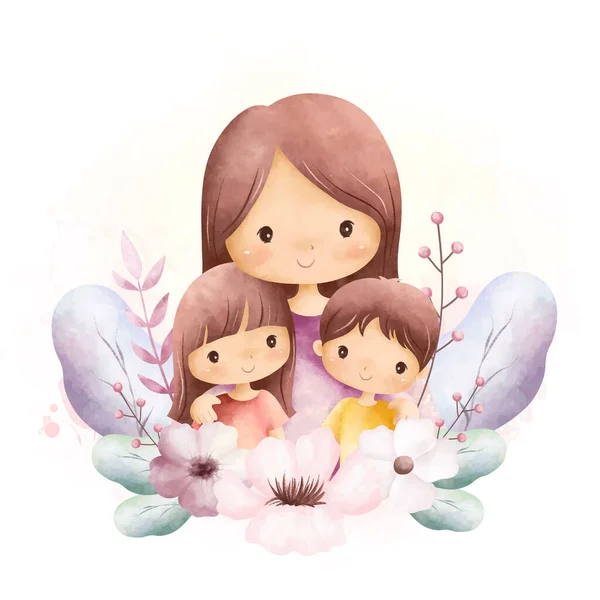 Ilustracja Akwarela Matka Dzieci Wieńcem Kwiatów — Wektor stockowy