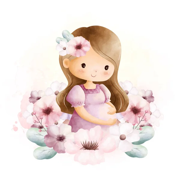 Acuarela Ilustración Mujer Embarazada Con Corona Flores — Vector de stock