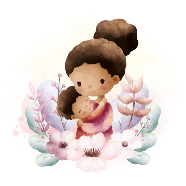 Ilustracja Akwarela Matka Syn Wieńcem Kwiatów — Wektor stockowy