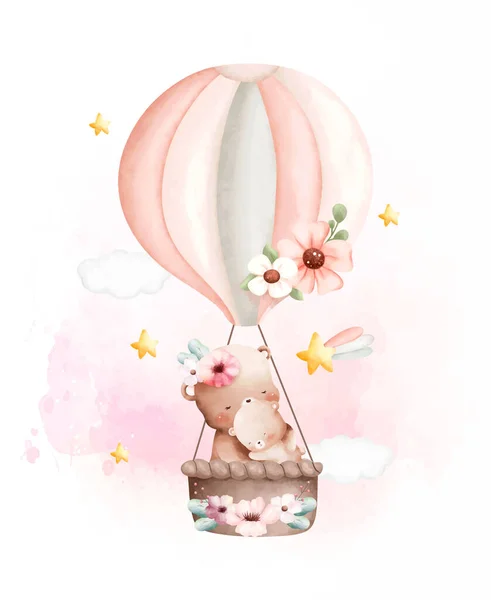 Illustration Aquarelle Ours Mignon Avec Ballon — Image vectorielle