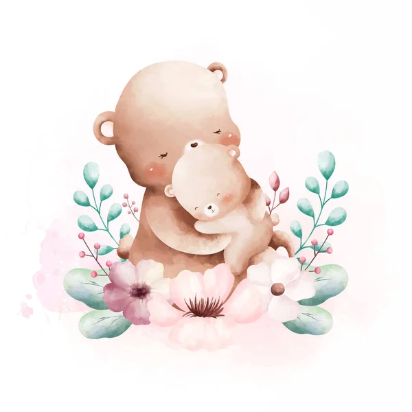Ακουαρέλα Εικονογράφηση Χαριτωμένο Αρκούδες Ροζ Λουλούδια — Διανυσματικό Αρχείο