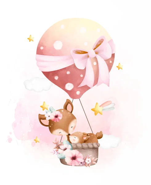 Aquarell Illustration Niedliche Mutter Und Baby Hirsch Heißluftballon — Stockvektor