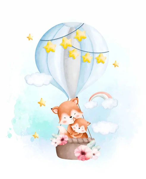 Akvarell Illusztráció Aranyos Anya Baba Róka Hőlégballonban — Stock Vector