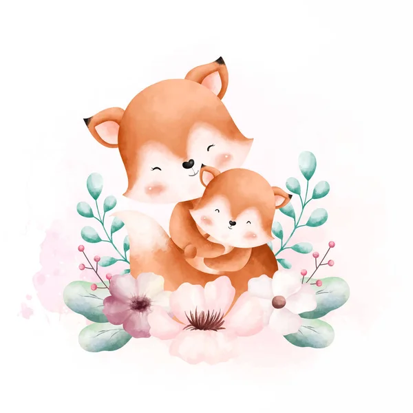 Watercolor Illustration Cute Little Fox Flowers — Stock Vector