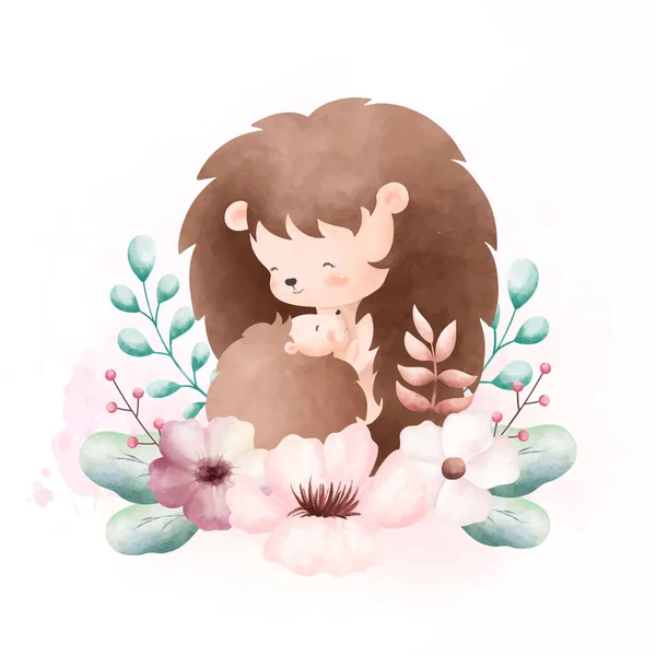 水彩画イラストかわいいお母さんと赤ちゃんハリネズミと花の花輪 — ストックベクタ