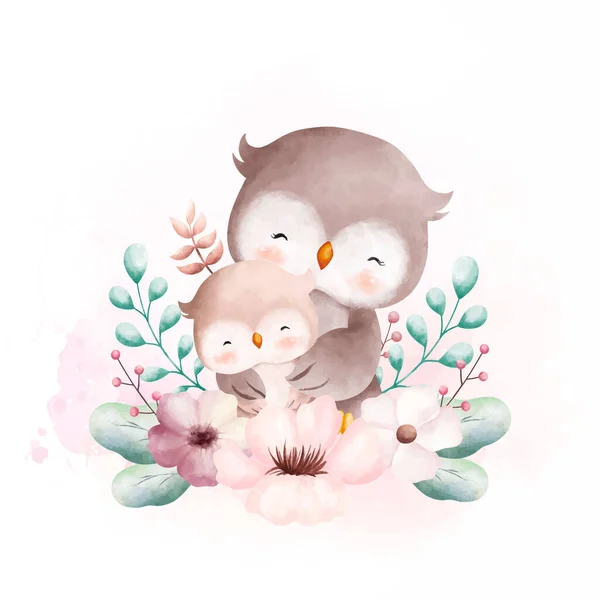 Illustration Aquarelle Maman Mignonne Bébé Hibou Avec Couronne Fleurs — Image vectorielle