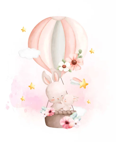 Aquarell Illustration Niedliche Mutter Und Baby Kaninchen Heißluftballon — Stockvektor