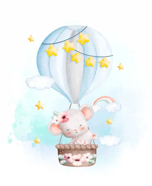 Akvarel Ilustrace Roztomilý Maminka Dítě Myš Horkovzdušném Balónu — Stockový vektor