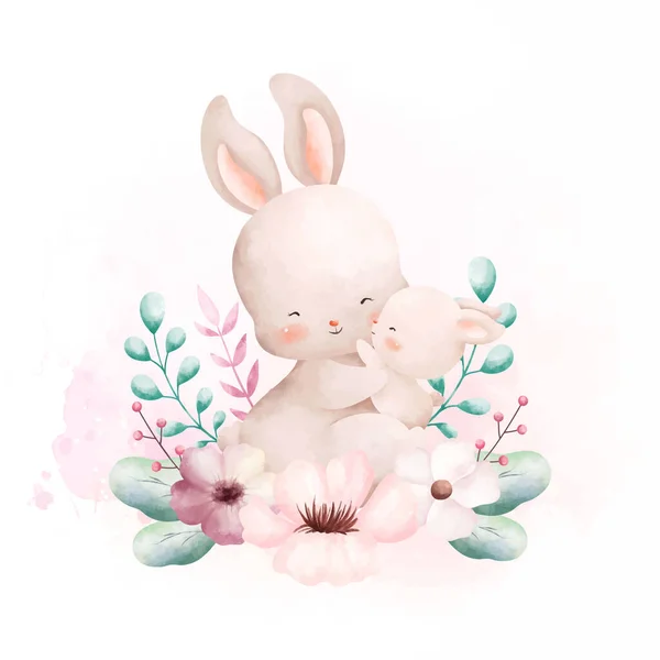 Akvarell Illustration Söt Mamma Och Baby Kanin Med Blomma Krans — Stock vektor