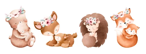 花のリースとママと赤ちゃん動物の水彩イラストセット — ストックベクタ