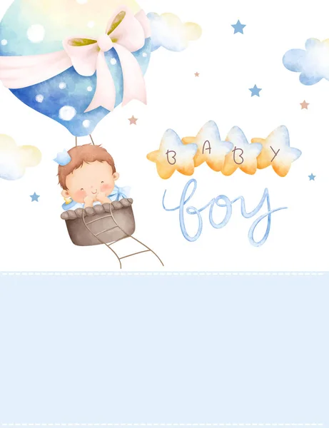 Baby Shower Card Cute Little Boy Blue Sky — Stock Vector