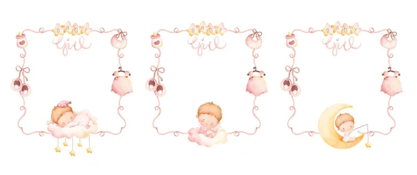 Комплект Розовой Ленты Рамка Милой Маленькой Девочкой — стоковый вектор