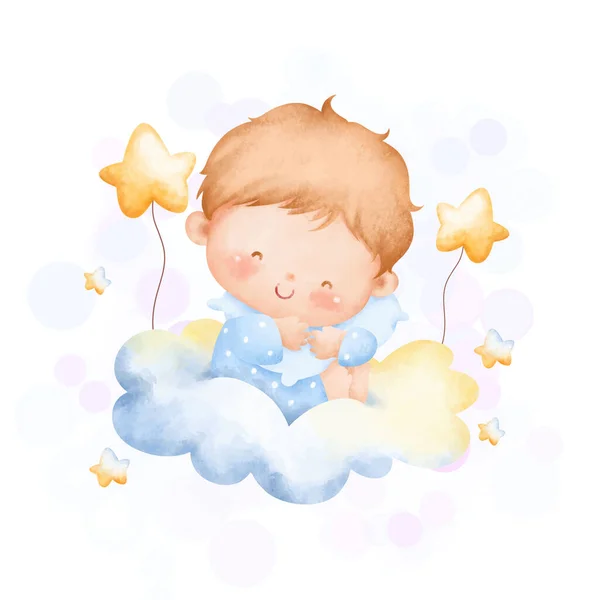 Acquerello Illustrazione Carino Bambino Siede Nuvola Con Stelle — Vettoriale Stock