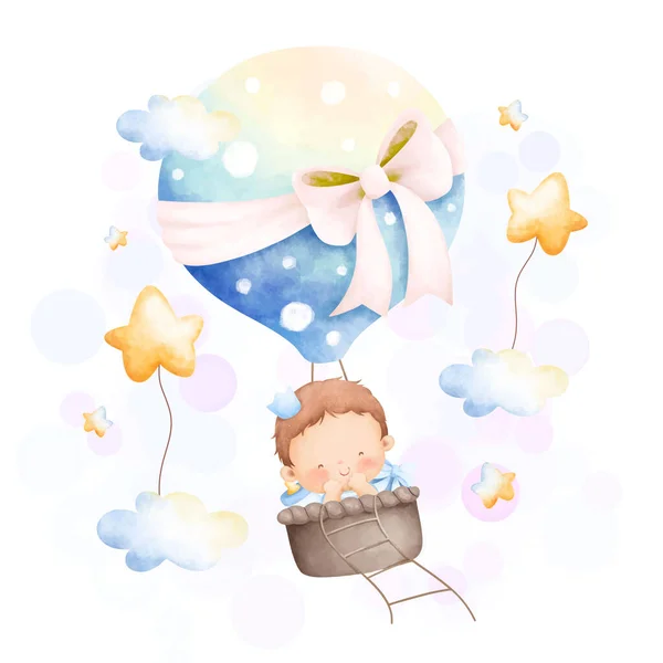 Aquarell Illustration Niedlichen Jungen Heißluftballon — Stockvektor