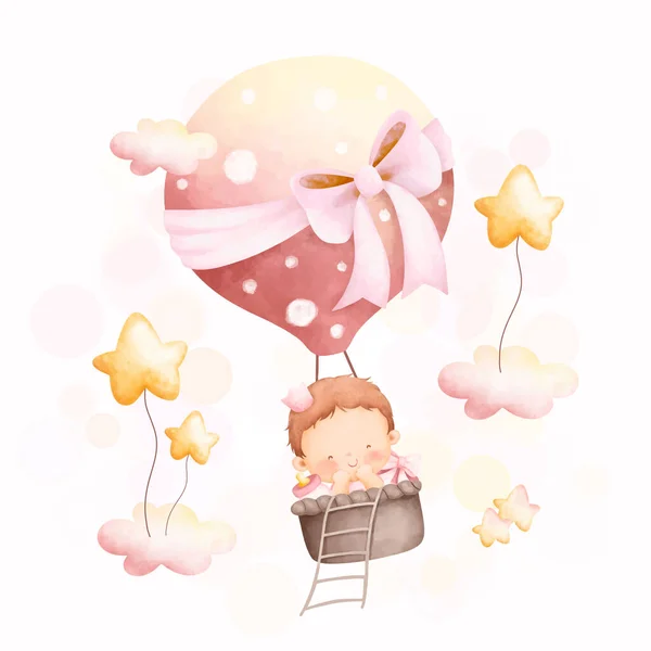 Aquarell Illustration Niedlichen Baby Mädchen Heißluftballon — Stockvektor