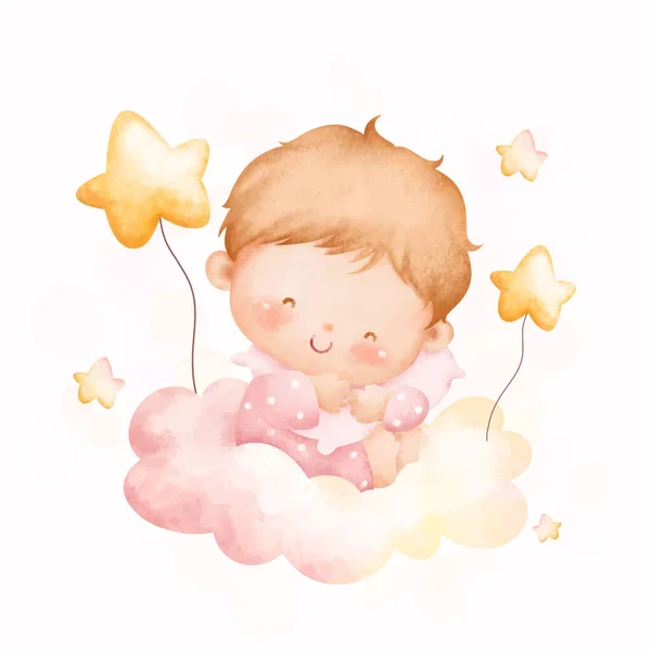 Watercolor Illustration Cute Baby Girl Sits Cloud Stars — Stock Vector