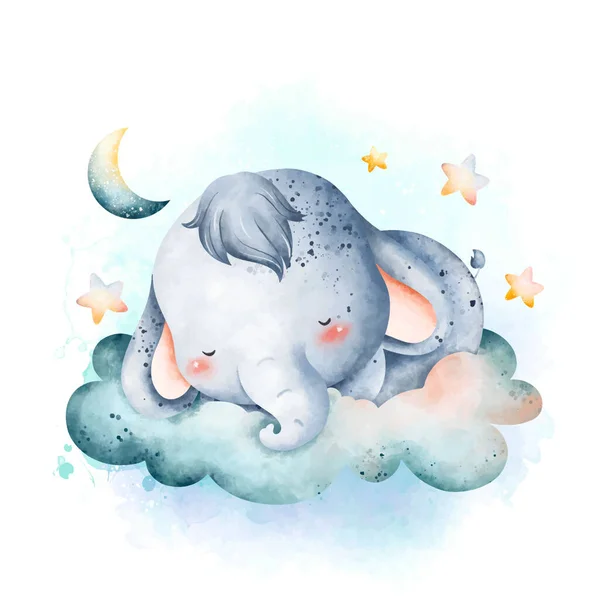Watercolor Illustration Cute Baby Elephant Sleeping Cloud Moon Stars — Stock Vector