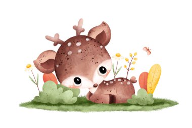 cute deer, drawing with flowers on a white background clipart