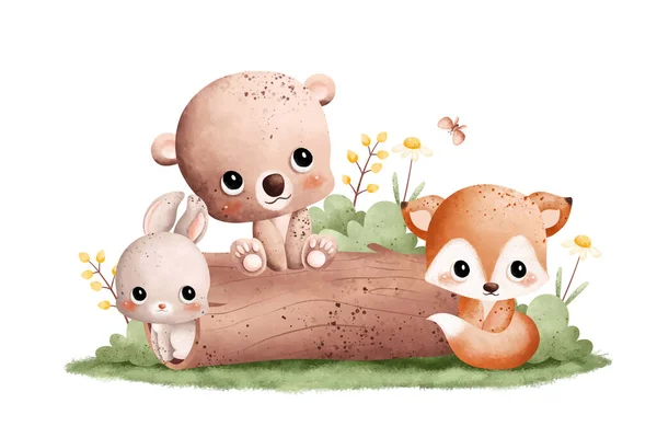 Aquarell Illustration Niedliche Babytiere Sitzen Auf Baumstamm Mit Schmetterlingen Und — Stockvektor