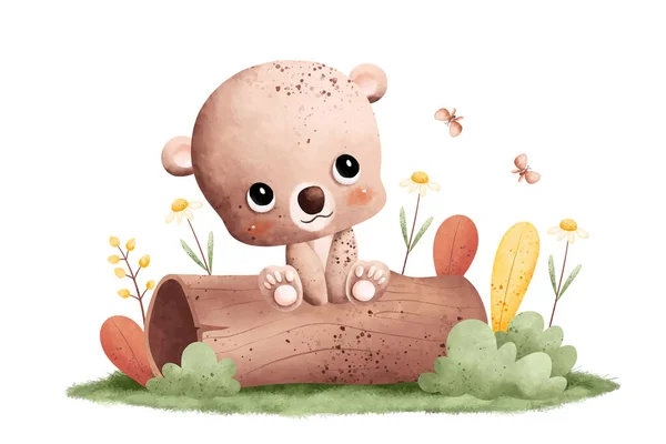 Aquarell Illustration Niedlicher Babybär Sitzt Auf Baumstamm Mit Schmetterlingen Und — Stockvektor