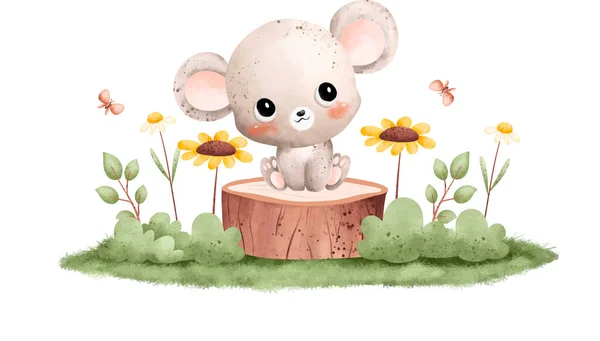 Illustration Der Niedlichen Maus Und Blumen Auf Weißem Hintergrund — Stockvektor