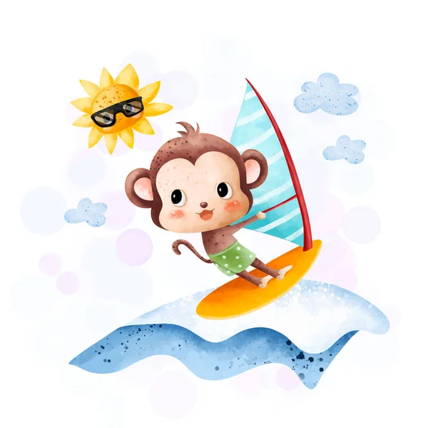 stock vector Watercolor illustration cute monkey surf at the sea in summer holiday