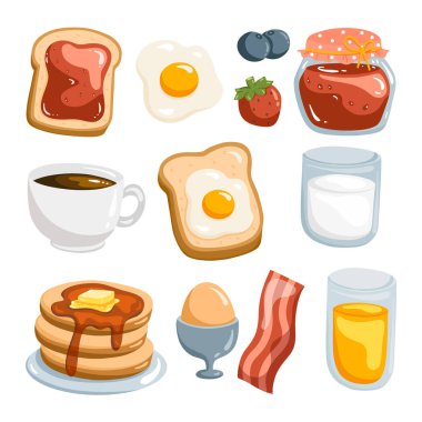 Yumurta, pastırma, yumurta, domuz pastırması, tost ve kahveyi içeren kahvaltı malzemeleri çizimi..