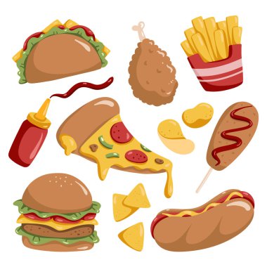 Hamburger, patates kızartması ve sosisli de dahil olmak üzere abur cubur koleksiyonu..