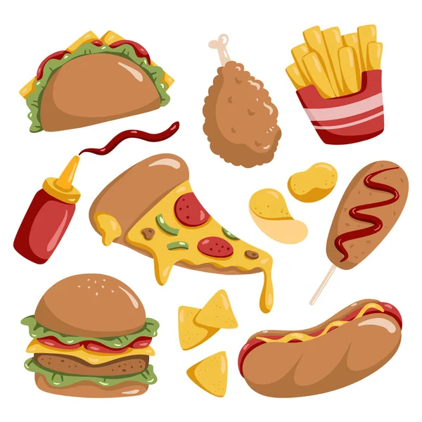 stock vector A collection of junk food including a burger, fries, and a hot dog.