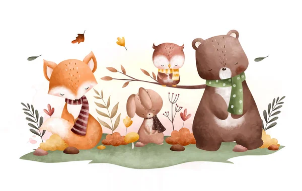 Akwarela Ilustracja Słodkie Zwierzęta Ogrodzie Kwiatami Jesiennych Liści — Wektor stockowy