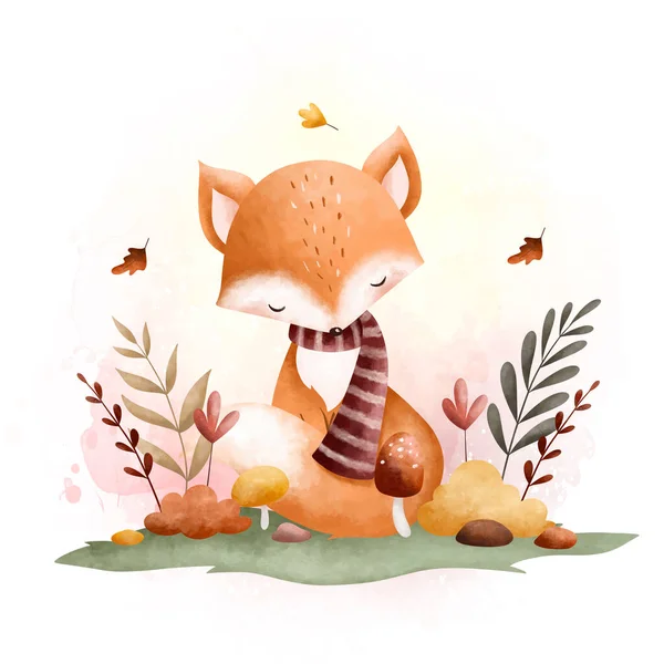 Υδατογραφία Εικονογράφηση Χαριτωμένο Αλεπού Στον Κήπο Λουλούδια Και Φύλλα Του — Διανυσματικό Αρχείο