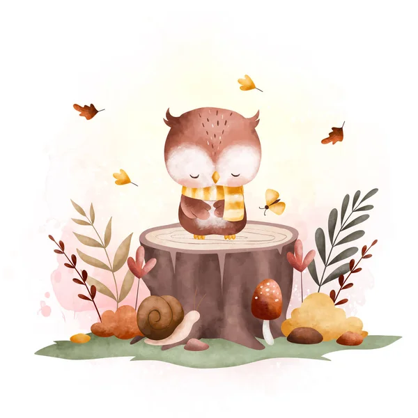 Watercolor Illustration Cute Owl Garden Flowers Autumn Leaves — Stock Vector
