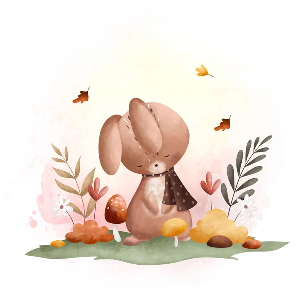 Акварель Иллюстрация Милый Кролик Саду Цветами Осенними Листьями — стоковый вектор