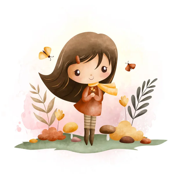 Akwarela Ilustracja Cute Little Girl Ogrodzie Kwiatami Motyle Jesienią Sezonu — Wektor stockowy
