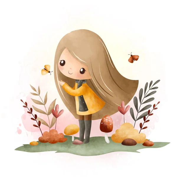 Aquarel Illustratie Schattig Meisje Tuin Met Bloemen Vlinders Herfst Seizoen — Stockvector