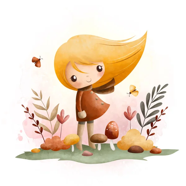 Akwarela Ilustracja Cute Little Girl Ogrodzie Kwiatami Motyle Jesienią Sezonu — Wektor stockowy