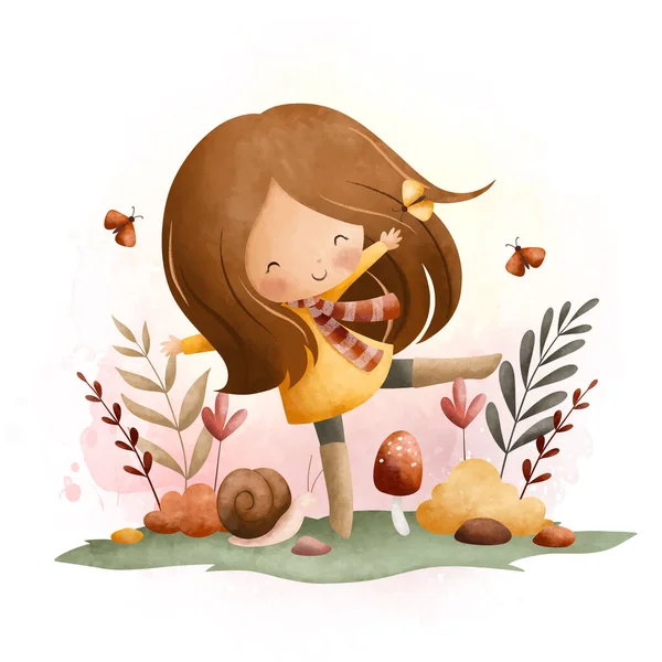 Aquarell Illustration Niedliches Kleines Mädchen Garten Mit Blumen Schmetterlinge Herbst — Stockvektor