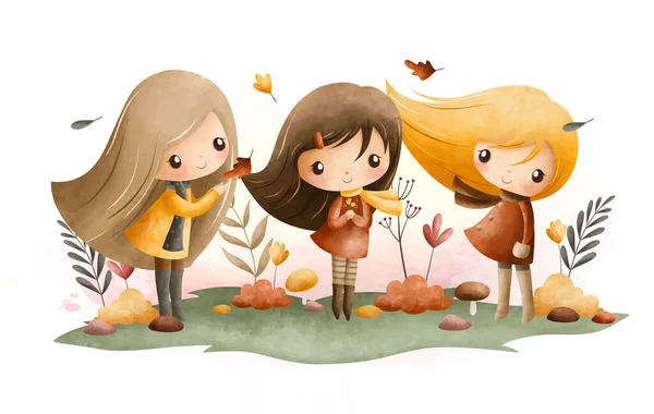 水彩画可爱的小女孩们在花园里开着花和秋天的叶子 — 图库矢量图片