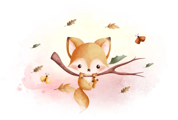 Милые Лисицы Осенними Листьями Акварель Иллюстрация — стоковый вектор
